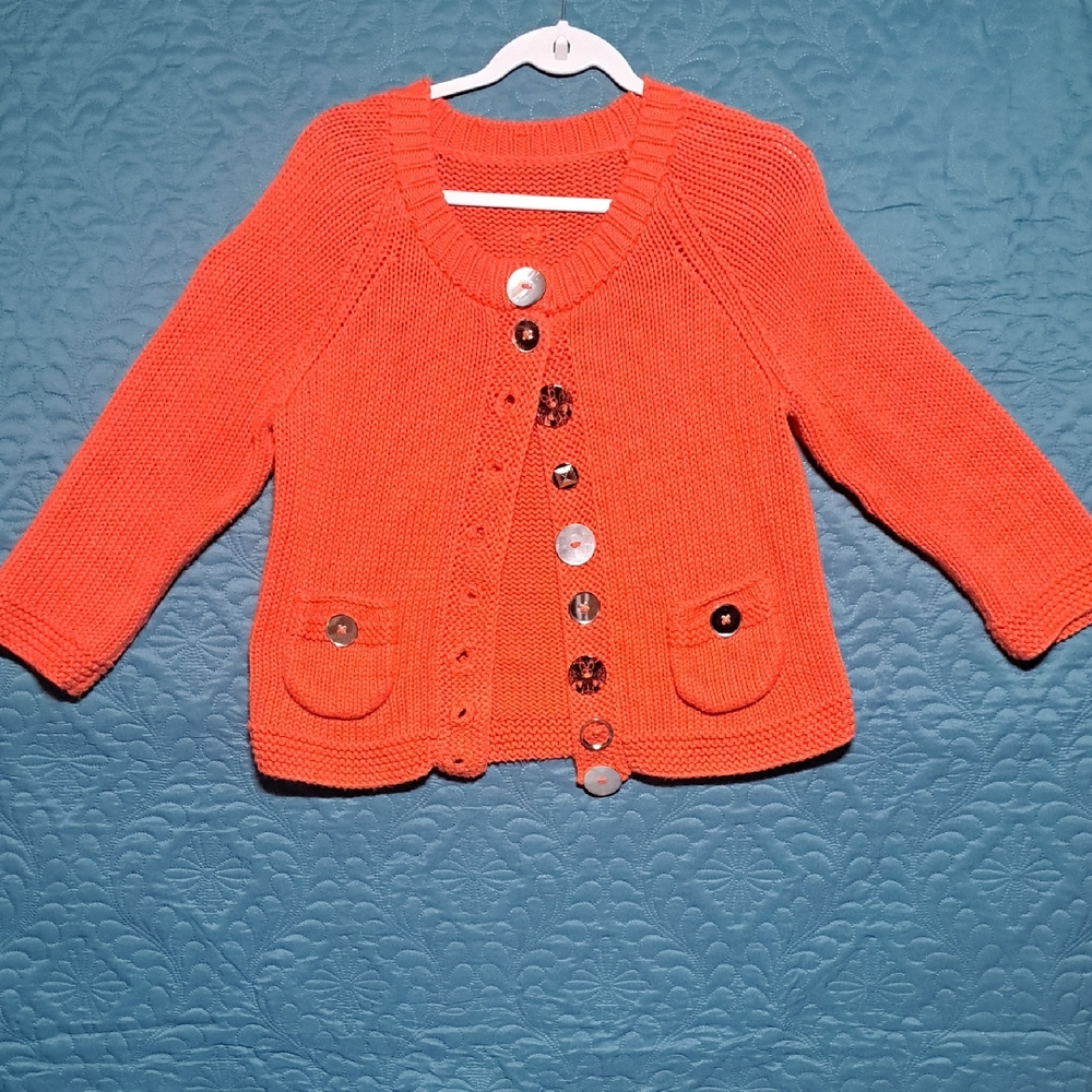 🧡 Whimsical Tangerine Artisan Button Cardigan – Pure Handknit Statement Piece